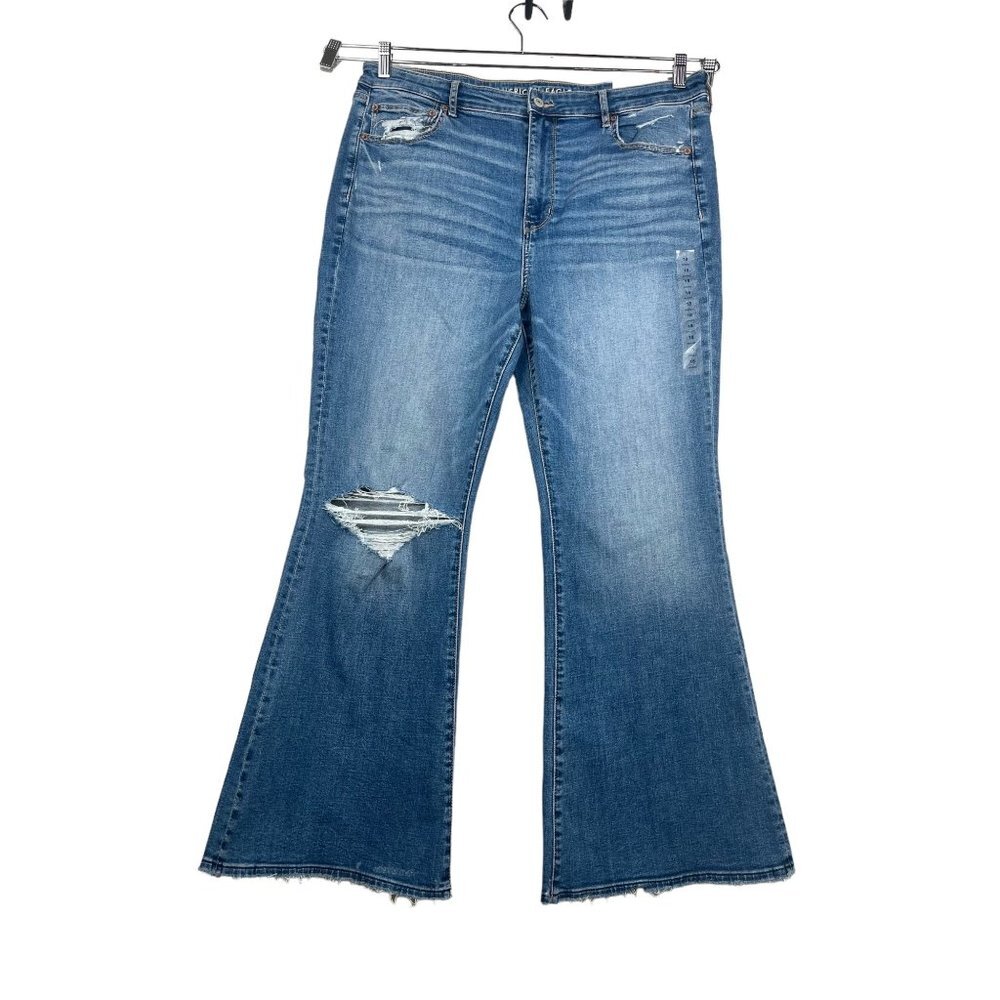 American Eagle Super High‎ rise Flare raw hem distressed jeans sz 18S